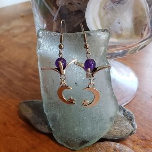 Handmade Celestial Crane & Amethyst Dangle Stainless Steel Silver Earrings